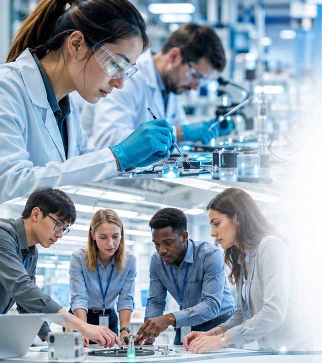Laboratory work and a team collaborating, as shown in the company presentation