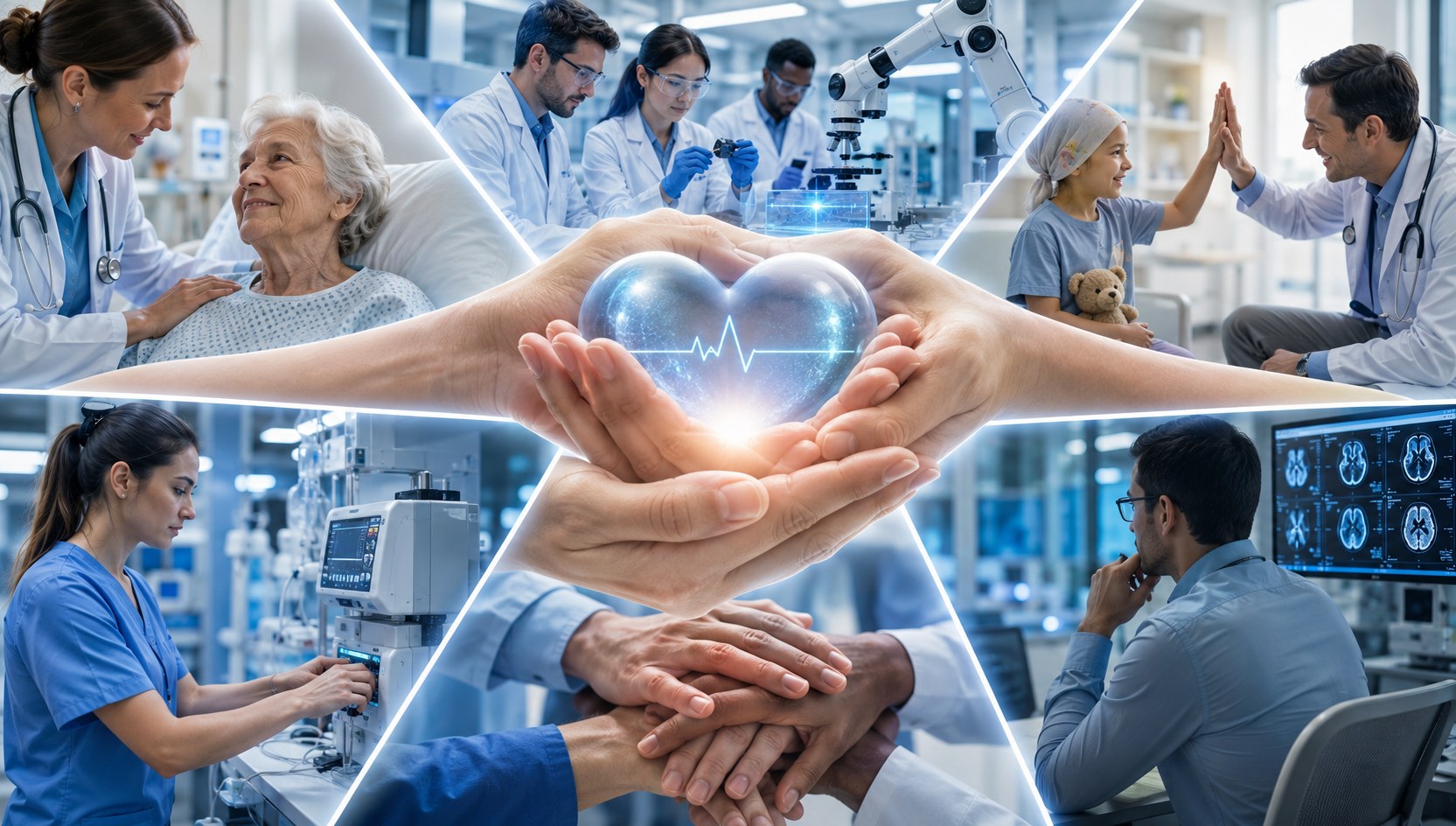 Presentation graphic of care, research, and teamwork around a heart