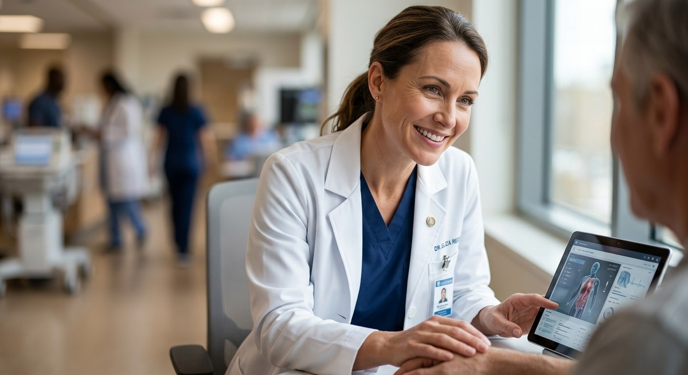 A clinician reviewing a tablet with a patient